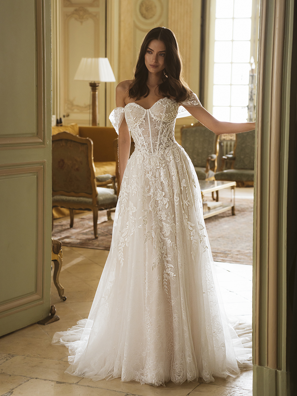 chinese dress ladies ILLUSIONA Modern High-Bean Neckline Illusion Side Bodice Lace Bridal G –  Alesia C main image 0