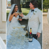 Real bride wearing ÉLYSÉE Atelier Delancey gown on her wedding day – strapless A-line wedding dress with full tulle skirt, romantic French château celebration, timeless bridal style inspiration