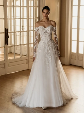 ÉLYSÉE Bridal HANA luxury lace A-line wedding dress featuring an off-the-shoulder sweetheart neckline, illusion corset bodice, long illusion lace sleeves, floral appliqués and a cathedral train.