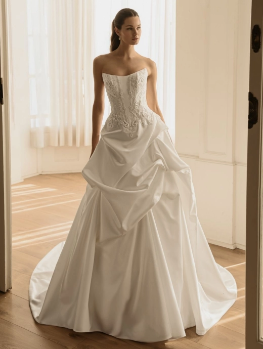 ÉLYSÉE Bridal HAVEN luxury satin fit-and-flare wedding dress featuring a strapless scoop neckline, embellished corset bodice, dramatic draped overskirt and sweeping cathedral train.