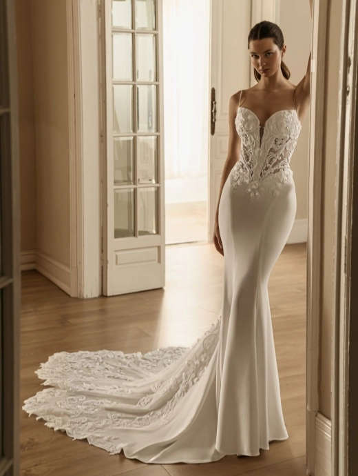 HENLEIGH by ÉLYSÉE is a fitted crepe mermaid wedding dress featuring a sheer floral lace corset bodice, delicate spaghetti straps, a plunging neckline, and an elegant lace cathedral train.