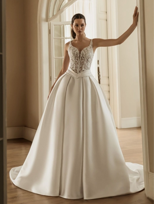 HERA by ÉLYSÉE is a couture ball gown wedding dress featuring a sheer floral lace corset bodice with wide straps and a dramatic Mikado skirt for timeless bridal elegance.